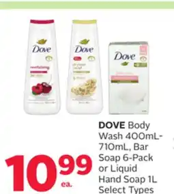 Rexall DOVE Body Wash 400mL-710mL, Bar Soap 6-Pack or Liquid Hand Soap 1L offer