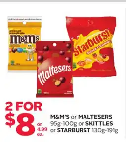 Rexall M&M'S or MALTESERS 95g-100g or SKITTLES or STARBURST 130g-191g offer
