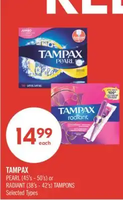 Shoppers Drug Mart TAMPAX PEARL (45's - 50's) or RADIANT (38's - 42's) TAMPONS offer