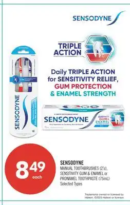 Shoppers Drug Mart SENSODYNE MANUAL TOOTHBRUSHES (2's), SENSITIVITY GUM & ENAMEL or PRONAMEL TOOTHPASTE (75mL) offer