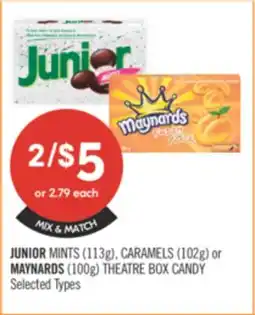 Shoppers Drug Mart JUNIOR MINTS 113g, CARAMELS 102g or MAYNARDS 100g THEATRE BOX CANDY offer