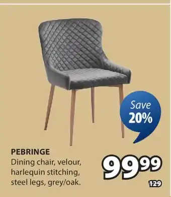 JYSK PEBRINGE Dining chair, velour, harlequin stitching, steel legs, grey/oak offer