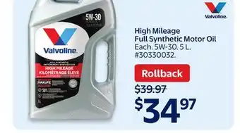 Walmart Valvoline High Mileage Full Synthetic Motor Oil offer