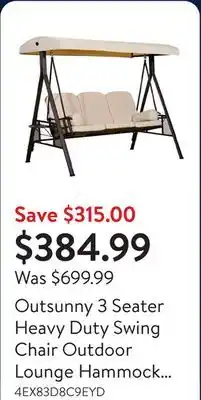 Walmart Outsunny 3 Seater Heavy Duty Swing Chair Outdoor Lounge Hammock Cushioned Seat W/ Tilt Canopy, Beige offer
