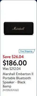 Walmart Marshall Emberton II Portable Bluetooth Speaker - Black &amp offer