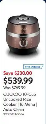Walmart CUCKOO 10-Cup Uncooked Rice Cooker | 16 Menu | Auto Clean offer