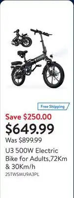 Walmart U3 500W Electric Bike for Adults,72Km & 30Km/h offer