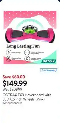 Walmart GOTRAX FX3 Hoverboard with LED 6.5 inch Wheels (Pink) offer