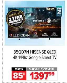 2001 Audio Video 85QD7N HISENSE 85 QLED 4K 144hz Google Smart TV offer