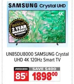2001 Audio Video UN85DU8000 SAMSUNG Crystal UHD 4K 120Hz Smart TV offer
