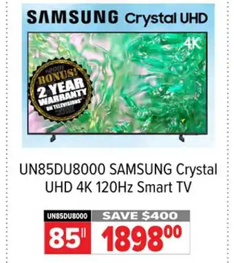 2001 Audio Video UN85DU8000 SAMSUNG Crystal UHD 4K 120Hz Smart TV offer
