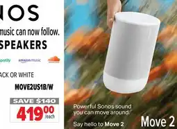 2001 Audio Video MOVE2US1B/W SONOS PORTABLE SPEAKERS offer
