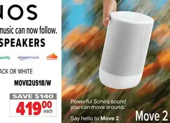 2001 Audio Video MOVE2US1B/W SONOS PORTABLE SPEAKERS offer