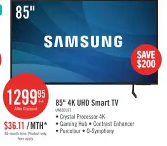 The Brick Samsung 85 4K UHD Direct Lit PurColour HDR10+ 60Hz Smart TV (UN85DU7100FXZC) offer