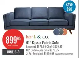The Brick Kort & Co. Kassia 90.6 Linen-Look Fabric Sofa with Wood Base and Legs - Blue offer