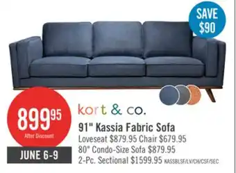 The Brick Kort & Co. Kassia 90.6 Linen-Look Fabric Sofa with Wood Base and Legs - Blue offer