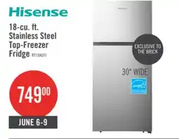 The Brick Hisense 30 18 Cu. Ft. Top-Mount Refrigerator - Stainless Steel - RT18A2FID offer