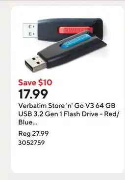 Staples Verbatim Store 'n' Go V3 64 GB USB 3.2 Gen 1 Flash Drive - Red/Blue - 2 Pack offer