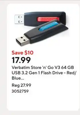 Staples Verbatim Store 'n' Go V3 64 GB USB 3.2 Gen 1 Flash Drive - Red/Blue - 2 Pack offer