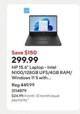 Staples HP 15.6 Laptop - Intel N100/128GB UFS/4GB RAM/Windows 11 S with 1-year of Microsoft 365 offer