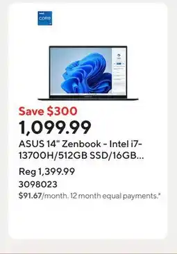 Staples ASUS 14 Zenbook - Intel i7-13700H/512GB SSD/16GB RAM/Touchscreen/Windows 11 Home offer