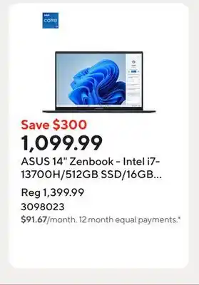 Staples ASUS 14 Zenbook - Intel i7-13700H/512GB SSD/16GB RAM/Touchscreen/Windows 11 Home offer