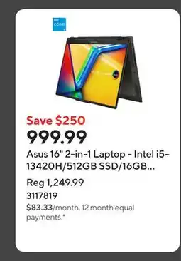 Staples Asus 16 2-in-1 Laptop - Intel i5-13420H/512GB SSD/16GB RAM/Touchscreen/Windows 11 Home offer