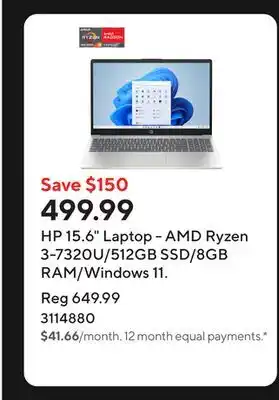 Staples HP 15.6 Laptop - AMD Ryzen 3-7320U/512GB SSD/8GB RAM/Windows 11 offer