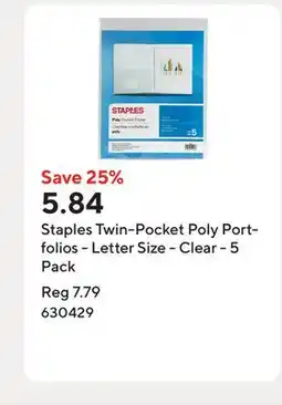 Staples Staples Twin-Pocket Poly Portfolios - Letter Size - Clear - 5 Pack offer