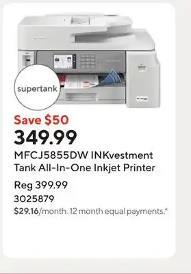 Staples MFCJ5855DW INKvestment Tank All-In-One Inkjet Printer offer