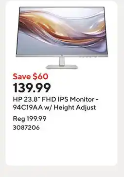 Staples HP 23.8 FHD IPS Monitor - 94C19AA w/ Height Adjust offer