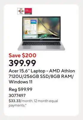 Staples Acer 15.6'' Laptop - AMD Athlon 7120U/256GB SSD/8GB RAM/Windows 11 offer