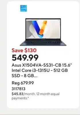 Staples Asus X1504VA-SS31-CB 15.6 Intel Core i3-1315U - 512 GB SSD - 8 GB RAM - Windows 11 Home - Quiet Blue offer