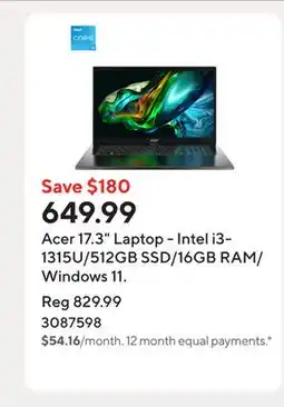 Staples Acer 17.3 Laptop - Intel i3-1315U/512GB SSD/16GB RAM/Windows 11 offer