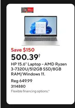 Staples HP 15.6 Laptop - AMD Ryzen 3-7320U/512GB SSD/8GB RAM/Windows 11 offer