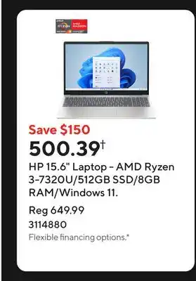 Staples HP 15.6 Laptop - AMD Ryzen 3-7320U/512GB SSD/8GB RAM/Windows 11 offer
