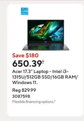 Staples Acer 17.3 Laptop - Intel i3-1315U/512GB SSD/16GB RAM/Windows 11 offer