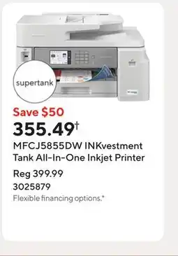 Staples MFCJ5855DW INKvestment Tank All-In-One Inkjet Printer offer