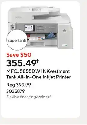 Staples MFCJ5855DW INKvestment Tank All-In-One Inkjet Printer offer