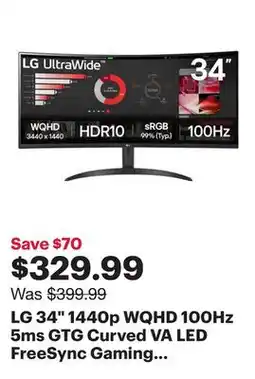 Best Buy LG 34 1440p WQHD 100Hz 5ms GTG Curved VA LED FreeSync Gaming Monitor (34WR50QK-B) - Black offer