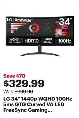 Best Buy LG 34 1440p WQHD 100Hz 5ms GTG Curved VA LED FreeSync Gaming Monitor (34WR50QK-B) - Black offer