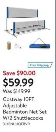 Walmart Costway 10ft adjustable badminton net set w/2 shuttlecocks offer