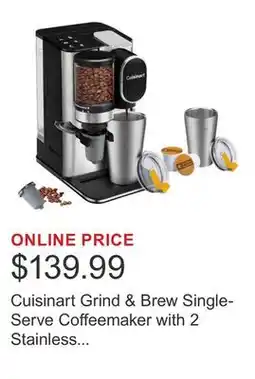 Costco Cuisinart Grind & Brew Single-Serve Coffeemaker with 2 Stainless Steel Travel Mugs offer