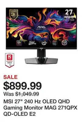 Newegg MSI 27 240 Hz OLED QHD Gaming Monitor MAG 271QPX QD-OLED E2 offer