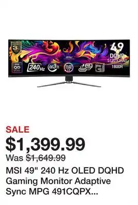 Newegg MSI 49 240 Hz OLED DQHD Gaming Monitor Adaptive Sync MPG 491CQPX QD-OLED offer