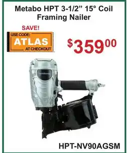 Atlas Tools & Machinery Metabo HPT 3-1/2 15° Coil Framing Nailer offer