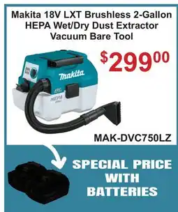 Atlas Tools & Machinery Makita 18V LXT Brushless 2-Gallon HEPA Wet/Dry Dust Extractor Vacuum Bare Tool offer