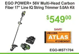 Atlas Tools & Machinery EGO POWER + 56V Multi-Head Carbon Fiber 17 Line IQ String Trimmer 5.0Ah Kit offer