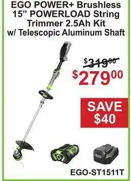 Atlas Tools & Machinery EGO POWER+ Brushless 15 POWERLOAD String Trimmer 2.5Ah Kit w/ Telescopic Aluminum Shaft offer