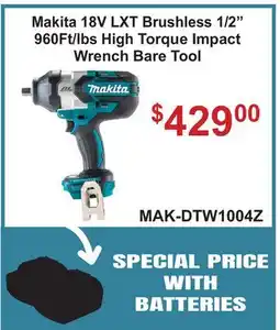 Atlas Tools & Machinery Makita 18V LXT Brushless 1/2 960Ft/lbs High Torque Impact Wrench Bare Tool offer